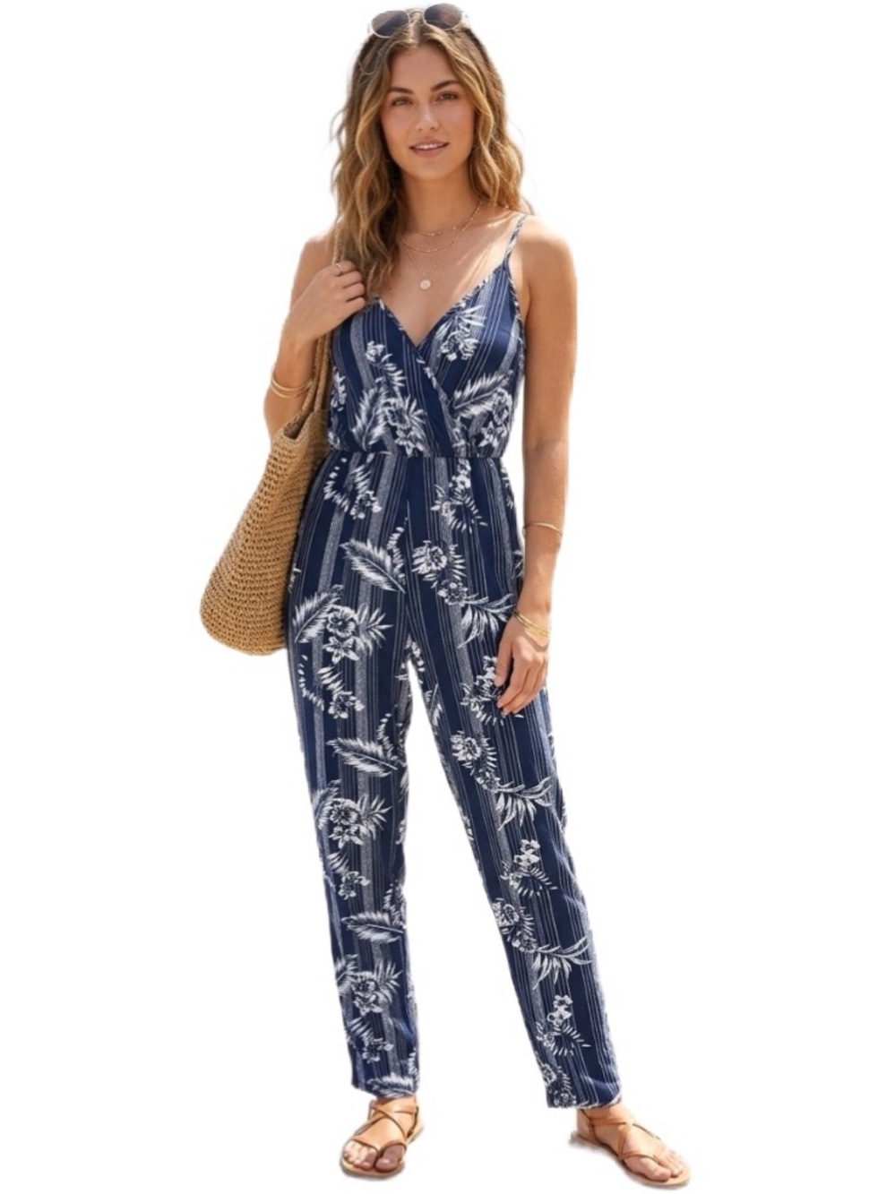 EUC Derek Heart Blue and White Jumpsuit with Floral Print Size S